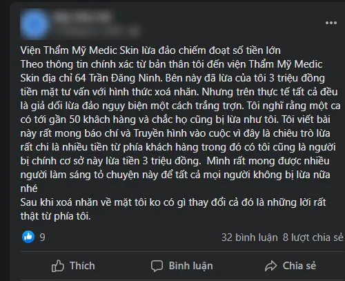 Thông tin không chính xác về Medic Skin Trần Đăng Ninh